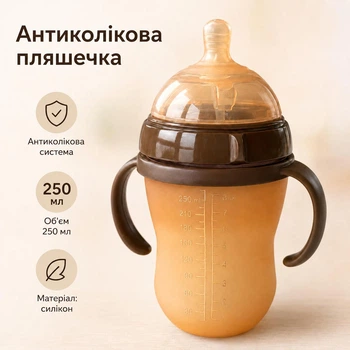 Антиколікова пляшечка для годування 250 мл з ручками, силіконова, 4–12 місяців