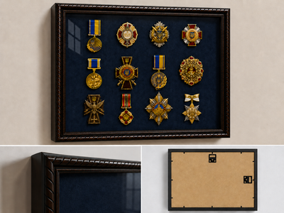 Рамка для військових Медалей та Нагород (300х400х34 мм.) Багет пластиковий з текстурою дерева AM-2034-B84 (з захисним Склом 1,5 мм, Темно-синьою бархатною /велюровою оббивкою, та задніком ДВП з кріпленнями на стіну) BagetiKo