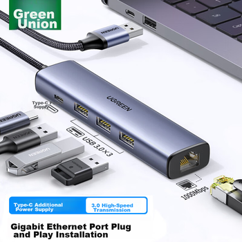 Адаптер-разветвитель UGREEN USB 3.0 на гигабитный Ethernet-порт, сетевой кабель-конвертер для ноутбука, подходит для ноутбуков и настольных компьютеров с разъемом RJ45.