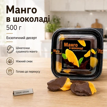 Манго в шоколаді 500 г- екзотичний десерт, шматочки сушеного манго без цукру
