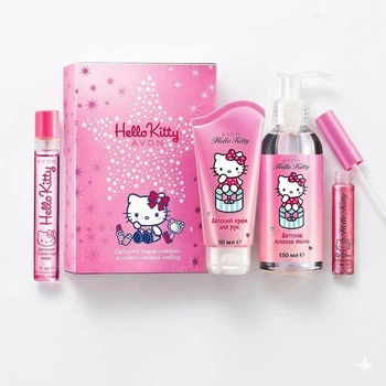 Детский подарочный парфюмерно-косметический набор Avon Hello Kitty, подарок для детей, для девочек, 4 предмета (7 мл + 15 мл + 50 мл + 150 мл) для девочки