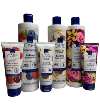Набір догляду за тілом і руками Avon Care, 6 засобів (3×400 мл + 3×75 ) з маслом какао, ягодами та жасмином