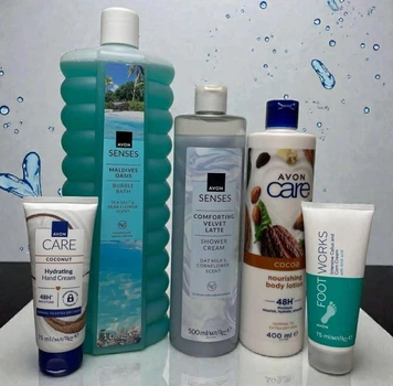 Подарунковий набір «Тропічний релакс» Avon Senses: піна для ванни, гель та крем для душу, лосьйон для тіла, креми для рук і ніг