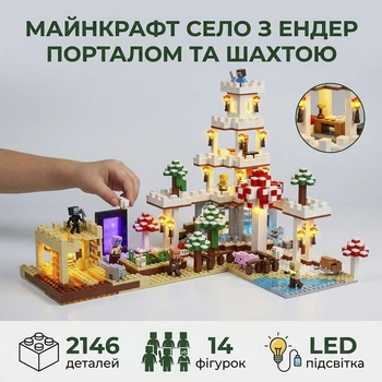 Конструктор 2146 деталей LED-подсветка My World Майнкрафт Большое Село из Портал Незера, Башня, Скамья, Шахта 14 персонажей Minecr