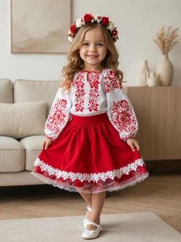 Костюм вишиванка для дівчинки Мереживо біло-червоний 134