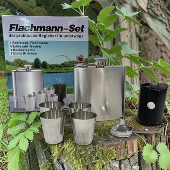 Подарочный набор с флягой Flachmann QK-4 Silver 7oz/210 мл и рюмками 30 мл
