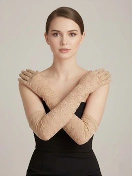 Рукавички вечірні сітчасті вище ліктя Honey Fashion Accessories S/M бежевий (7-75)
