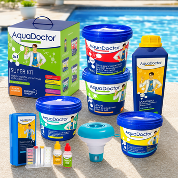 Набір засобів догляду за басейном Стартовий 5в1 AquaDoctor Super Kit + поплавок для хімії та тестер для води Набір хімія для басейну (Kt03)