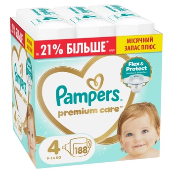 Подгузники Pampers Premium Care Розмір 4 (9-14 кг) 188 шт (8006530223829)