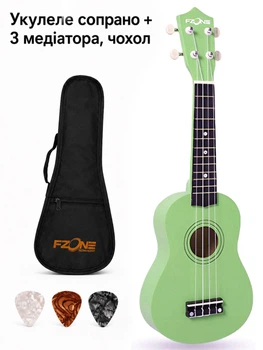 Укулеле Fzone FZU-002 (Green) + чохол з утеплювачем, 3 медіатора