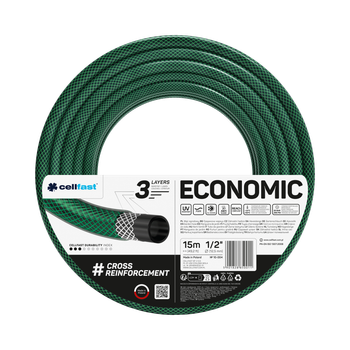 Шланг для полива Cellfast ECONOMIC TSV 1/2''15м – прочный, износостойкий, легкий и гибкий для ежедневного полива.