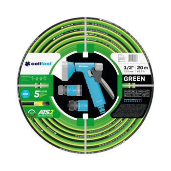 Набор шланг Cellfast GREEN TSV 1/2''20м + набор фитингов CELLPRO – прочный, износостойкий, легкий и гибкий для полива.