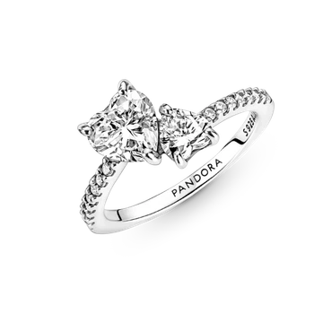 Серебряное кольцо Pandora «Два сердца» Серебряное кольцо Пандора Сердечка Паве 191198C01