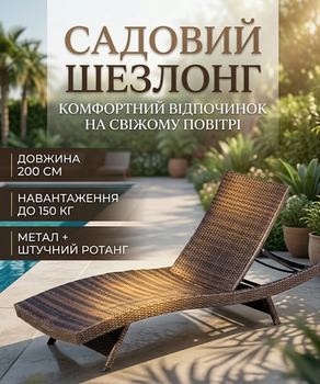 Садовий шезлонг Fregat SUN лежак 150 кг регульована спинка 5 положень штучний ротанг металевий каркас коричневий 200×64×40 см для саду басейну