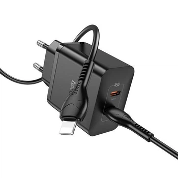 Сетевое зарядное устройство Hoco N35 черное 2 Type-C PD 45W + кабель Type-C to Lightning