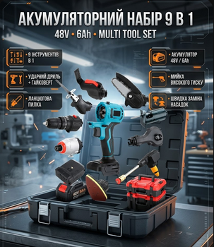 Набір акумуляторних електроінструментів BESTOOL 9в1 48V/6Ah у кейсі дриль гайковерт пила лобзик реноватор мийка