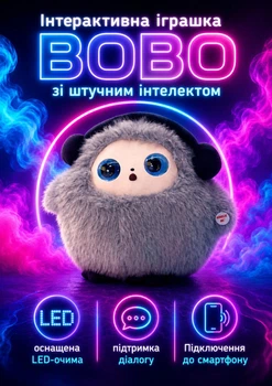 Игрушка с искусственным интеллектом Bobo с голосом, эмоциями и LED глазами, плюшевый друг с AI, 25х25 см, общение учеба игры сказки, серая
