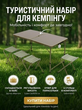 Туристический набор для кемпинга складной столик для пикника и раскладные стулья 4 штуки Хаки