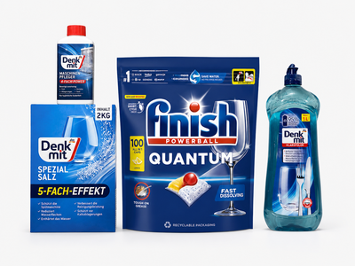 Набор для посудомоечной машины 4в1 - Finish Quantum 100 шт + Denkmit (соль 2 кг, ополаскиватель 1 л, очиститель 250 мл)