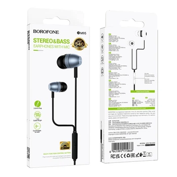 Провідні вакуумні навушники 3.5mm Borofone BM95 Stereo Bas з мікрофоном, конектор AUX 3.5мм, провідне управління, підтримка дзвінків 1.2м Black/Grey
