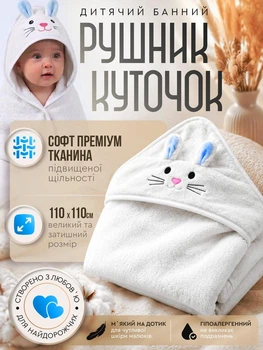 Рушник куточок для новонароджених дитячий банний з капюшоном для купання немовлят малюків мікрофібра 110х110 см після купання малюка хлопчика дівчинки м'який гіпоалергенний водопоглинаючий швидковисихаючий теплий у пологовий будинок для ванної ванни білий