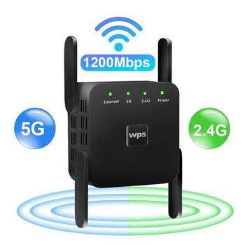 Усилитель Wi-Fi сигнала 5 /2.4 ГГц, WiFi Репитер, повторител вайфая 1200 Мбит/с, мощный ретранслятор для дома, площадь покрытия 300 м², Repeater 4 антенны, Black