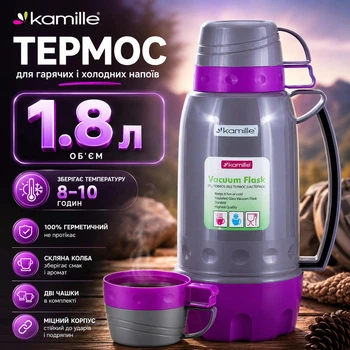 Термос Kamille 2081 пластиковий зі скляною колбою 1.8л сірий із фіолетовим