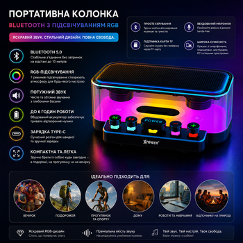 Портативная колонка Bluetooth с подсветкой RGB Bluetooth 5.0, Type-C. No name As-2636 Черный As-2636