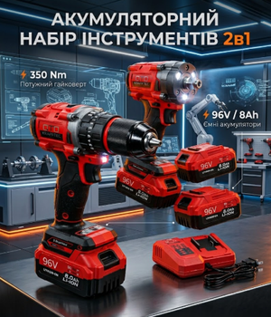 Аккумуляторный набор Krafftec PRO 2в1 96V 8Ah шуруповерт ударный и гайковерт с кейсом