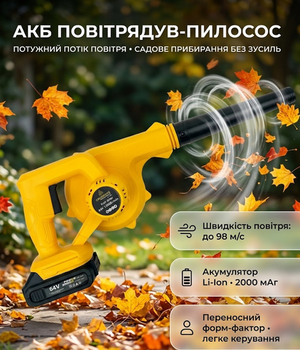 Воздуходув-пылесос аккумуляторный Crownberg CB-3991 Li-Ion 2000 мАч 98 м/с желтый