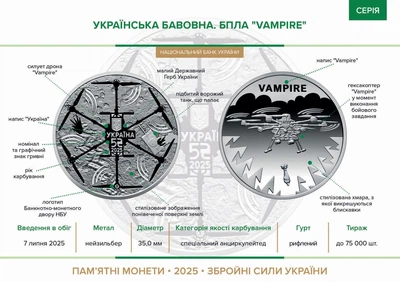 Монета НБУ `Украинский хлопок. БПЛА "Vampire` в сувенирной упаковке. 2025 год, нейзильбер. 5 гривен.