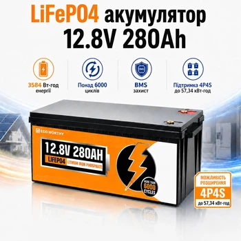 Аккумулятор LiFePO4 ECO-WORTHY 12.8V 280Ah 3584Wh с BMS 200A литий-железо-фосфатная батарея для инвертора солнечных систем и резервного питания