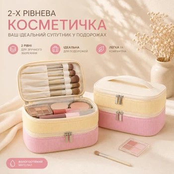 Косметичка кейс дорожная 2-уровневая из велюра для косметики и кисточки | Большая органайзер косметичка для путешествий