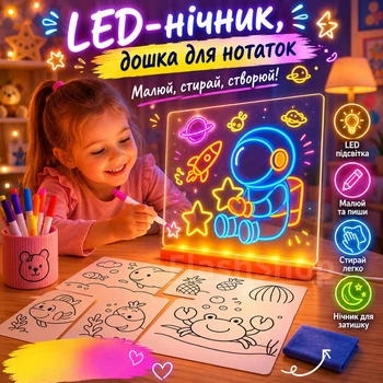 3D LED- нічник, дошка для малювання та нотаток 15×15 см з підсвіткою, маркерами та USB живленням