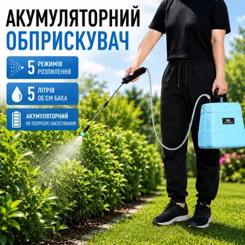Аккумуляторный опрыскиватель для сада с телескопической штангой ( 5 л., 3 насадки, голубой)
