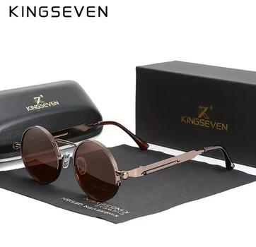 Брендовые винтажные солнцезащитные поляризационные очки круглые KINGSEVEN коричневые, высший уровень защиты от ультрафиолета UV400