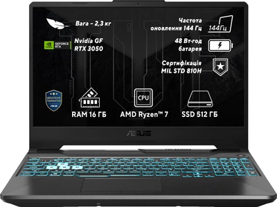 Ноутбук ASUS TUF Gaming A15 FA506NCQ-HN062 (90NR0QE7-M003C0) Graphite Black / 15.6" IPS 144 Гц / AMD Ryzen 7 170 / RAM 16 ГБ / SSD 512 ГБ / RTX 3050, 4 ГБ / 1-Zone RGB Підсвітка клавіатури