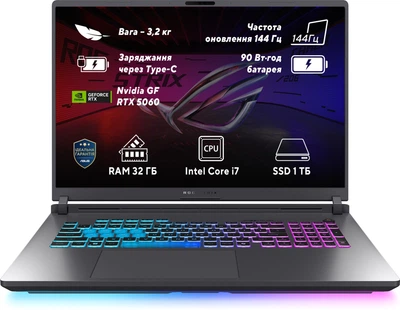 Ноутбук ASUS ROG Strix G18 (2025) G815JMR-S8051 (90NR0LE1-M007E0) Eclipse Gray / 18" IPS WUXGA 144 Гц / Intel Core i7-14650HX / RAM 32 ГБ / SSD 1 ТБ / RTX 5060, 8 ГБ