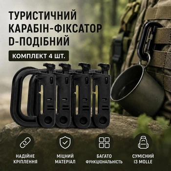 Набор туристических D-образных карабінів Vayro CS 4 шт. черный — для ремня, рюкзака, сумки, снаряжения и MOLLE-системы