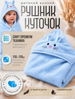 Полотенце уголок для новорожденных детское банное с капюшоном для купания младенцев малышей микрофибра 110х110 см после купания малыша мальчика девочки мягкое гипоаллергенное влаговпитывающее быстросохнущее в роддом для ванной ванны голубой