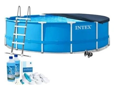 Каркасный бассейн Intex 28242-6в1 синий круглый на 16805 л из ПВХ и стали 457х122 см с подстилкой стремянкой тентом альгениксом и хлором в таблетках (9-163-28242-6)