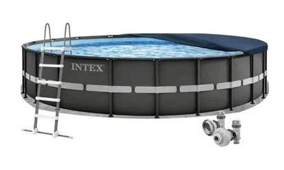 Каркасный бассейн Intex 26340-4в1 серый круглый на 47241 л из ПВХ и стали 732 х 132 см с лестницей тентом и подстилкой (9-163-26340-4)