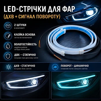 LED-ленты для фар (ДХВ + сигнал поворота) AvtoTane, 2 штуки, белый/синий