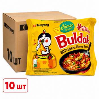 Бульдак с сыром и тушеной курицей, острый рамен быстрого приготовления Ramen Buldak Cheese Samyang 140 г (10 шт)
