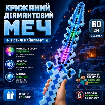 Пиксельный, Ледяной Алмазный Меч Майнкрафт 60 см со светом и звуками LED подсветка, Игрушечный меч Minecraft для детей от 3 лет, голубой