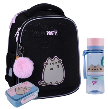 Рюкзак шкільний каркасний чорний + пляшка + ланчбоксYes My Pusheen H-100S