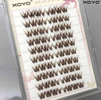 Накладные ресницы пучками на клеевой полоске XOYO карамельно-коричневые 80 пучков изгиб С