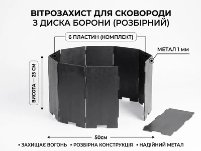 Вітрозахист для сковороди з диска борони GrillKov 50 см розбірний на 6 пластин (товщина 1 мм, висота 25 см) Універсальний для саджа та пікніка