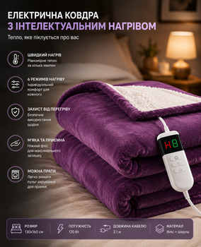 Электроодеяло с подогревом 130x160 см М'який Luxury Sherpa Purple — Двусторонний электроплед фланель, 10 уровней нагрева, таймер