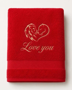 Махровий рушник Love You 70х140 см червоний з вишивкою левів